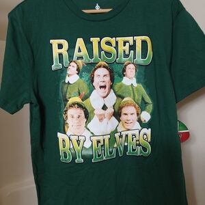 NWT ELF Raised by Elves Will Ferrell Green Christmas Graphic Tee Unisex